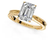 Solitaire Engagement Ring Setting for Emerald Cut Center with Engraved Milgrain Band and Prong Head in Yellow Gold