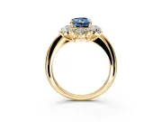 Small-Accent Cluster Halo Engagement Ring Setting for Fancy Blue Radiant Cut Center with Plain Band and Prong Head in Yellow Gold