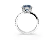Halo Engagement Ring Setting for Fancy Blue Princess Cut Center with Openwork Halo, Pave Band and Prong Head in White Gold