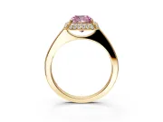 Halo Engagement Ring Setting for Fancy Pink Cushion Cut Center with Plain Tapered Band and Prong Head in Yellow Gold