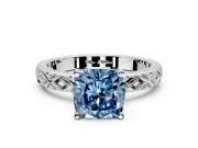 Solitaire Engagement Ring Setting for Fancy Blue Cushion Cut Center with Milgrain X Pattern Band and Prong Head in Platinum