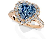 Halo Engagement Ring Setting for Fancy Blue Heart-Shaped Center with Narrowing Pave Band and Prong Head in Rose Gold