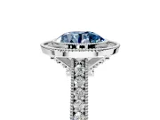 Halo Engagement Ring Setting for Fancy Blue Round Cut Center with Milgrain Pave Band and Bezel Head in Sterling Silver