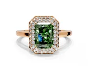 Halo Engagement Ring Setting for Fancy Green Radiant Cut Center with Plain Tapered Band and Prong Head in Rose Gold