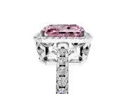 Accent Halo Engagement Ring Setting for Fancy Pink Radiant Cut Center with Full-Length Pave Band and Prong Head in White Gold