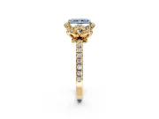 Halo Engagement Ring Setting for Fancy Blue Radiant Cut Center with Openwork Halo, Pave Band and Prong Head in Yellow Gold