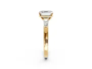 3 Stone Engagement Ring Setting for Asscher Cut Center with Tapered Baguettes, Plain Band and Prong Head in Yellow Gold