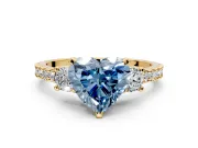 3 Stone Engagement Ring Setting for Fancy Blue Heart-Shaped Center with Round Cut Side Accents and Prong Head in Yellow Gold