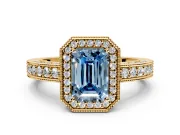 Milgrain Halo Engagement Ring Setting for Fancy Blue Emerald Cut Center with Wide Pave Band and Prong Head in Yellow Gold
