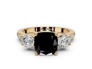 3 Stone Engagement Ring Setting for Fancy Black Cushion Cut Center with Crossover Basket, Pave Band and Prong Head in Yellow Gold