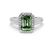 Halo Engagement Ring Setting for Fancy Green Emerald Cut Center with Knife Ridge Cathedral Band and Prong Head in Platinum