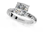 Solitaire Engagement Ring Setting for Cushion Cut Center with XO Engraved Band and Prong Head in Platinum