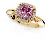 Halo Engagement Ring Setting for Fancy Pink Cushion Cut Center with Tapered Plain Band and Prong Head in Yellow Gold
