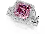 Halo Engagement Ring Setting for Fancy Pink Asscher Cut Center with Leaf Motif Split Shank and Prong Head in Platinum