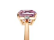 3 Stone Engagement Ring Setting for Fancy Pink Asscher Cut Center with Low-Set Round Cut Accents and Prong Head in Rose Gold
