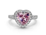 Bezel-Framed Halo Engagement Ring Setting for Fancy Pink Heart-Shaped Center with Pave Band and Prong Head in Platinum