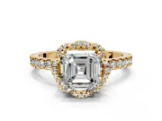 Floral Halo Engagement Ring Setting for Asscher Cut Center with Pave Band and Prong Head in Yellow Gold