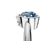 Halo Engagement Ring Setting for Fancy Blue Heart-Shaped Center with Tapered Plain Band and Prong Head in Platinum