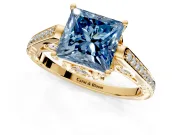 Cathedral Engagement Ring Setting for Fancy Blue Princess Cut Center with Antique-Style Pave Band and Prong Head in Yellow Gold