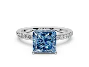 Solitaire Engagement Ring Setting for Fancy Blue Princess Cut Center with Fine Pave Band and Prong Head in Platinum