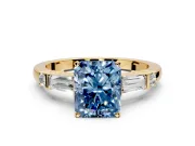 Bar-Set Engagement Ring Setting for Fancy Blue Radiant Cut Center with Tapered Baguette Accents and Prong Head in Yellow Gold