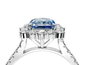 Halo Engagement Ring Setting for Fancy Blue Radiant Cut Center with Single-Row Pave, Open Basket and Prong Head in Platinum