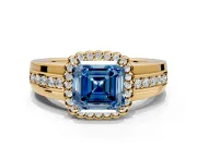 Halo Engagement Ring Setting for Fancy Blue Asscher Cut Center with Wide Band, Inlaid Accent Row and Prong Head in Yellow Gold