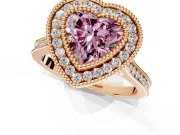Halo Engagement Ring Setting for Fancy Pink Heart-Shaped Center with Milgrain Frame, Pave Band and Prong Head in Rose Gold