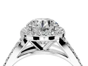 Halo Engagement Ring Setting for Round Cut Center with Narrow Pave Split Shank and Prong Head in Platinum