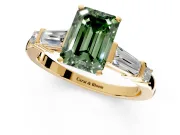 Bar-Set Engagement Ring Setting for Fancy Green Emerald Cut Center with Tapered Baguette Accents and Prong Head in Yellow Gold