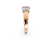 3 Stone Engagement Ring Setting for Fancy Pink Radiant Cut Center with Raised Basket Heads and Prong Head in Rose Gold