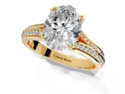 Solitaire Engagement Ring Setting for Oval Center with Pave Rail Split Shank and Prong Head in Yellow Gold