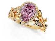 Halo Engagement Ring Setting for Fancy Pink Pear-Shaped Center with Leaf Motif Split Shank and Prong Head in Yellow Gold