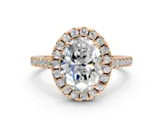 Halo Engagement Ring Setting for Oval Center with Raised Halo, Pave Band and Prong Head in Rose Gold