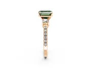 3 Stone Engagement Ring Setting for Fancy Green Asscher Cut Center with Round Cut Side Accents and Prong Head in Rose Gold