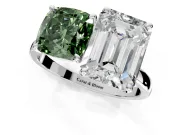 Fancy Green Cushion Cut and Emerald Cut Lab-Grown Diamond Toi et Moi Engagement Ring with Prong-Set Stones in Platinum