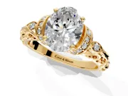 Solitaire Engagement Ring Setting for Oval Center with Filigree Band and Prong Head in Yellow Gold