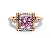 Accent Halo Engagement Ring Setting for Fancy Pink Princess Cut Center with Full-Length Pave Band and Prong Head in Rose Gold