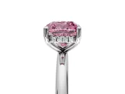 Hidden Halo Engagement Ring Setting for Fancy Pink Cushion Cut Center with Thin Round-Wire Band and Prong Head in Platinum