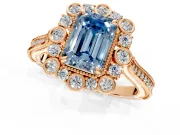 Milgrain Halo Engagement Ring Setting for Fancy Blue Emerald Cut Center with Bezel Point Accents and Prong Head in Rose Gold