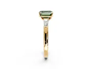 3 Stone Engagement Ring Setting for Fancy Green Asscher Cut Center with Tapered Baguettes, Plain Band and Prong Head in Yellow Gold