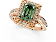 Halo Engagement Ring Setting for Fancy Green Emerald Cut Center with Framed Halo, Pave Band and Prong Head in Rose Gold