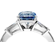 3 Stone Engagement Ring Setting for Fancy Blue Radiant Cut Center with Channel Baguette Accents and Prong Head in Platinum