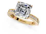 Solitaire Engagement Ring Setting for Asscher Cut Center with Milgrain-Edged Pave Band and Prong Head in Yellow Gold