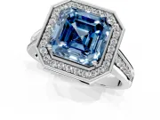 Halo Engagement Ring Setting for Fancy Blue Asscher Cut Center with Outer Bezel Rim, Pave Band and Prong Head in Sterling Silver