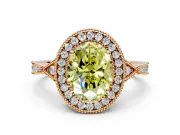 Halo Engagement Ring Setting for Fancy Yellow Oval Center with Milgrain Rim, Pave Band and Prong Head in Rose Gold