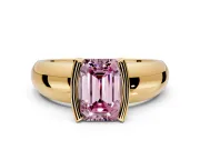 Tension Engagement Ring Setting for Fancy Pink Emerald Cut Center with Wide Flat Band and Tension Head in Yellow Gold