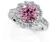 Halo Engagement Ring Setting for Fancy Pink Round Cut Center with Milgrain Channel Band and Prong Head in Platinum