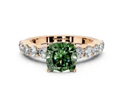 Shared-Prong Engagement Ring Setting for Fancy Green Cushion Cut Center with Graduated Accents and Prong Head in Rose Gold