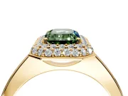 Halo Engagement Ring Setting for Fancy Green Emerald Cut Center with Plain Tapered Band and Prong Head in Yellow Gold